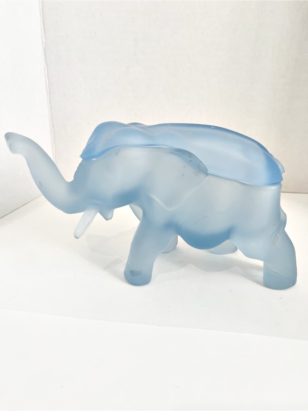 Elephant Trunk Up Figurine Frosted Light Blue Glass Trinket Box
